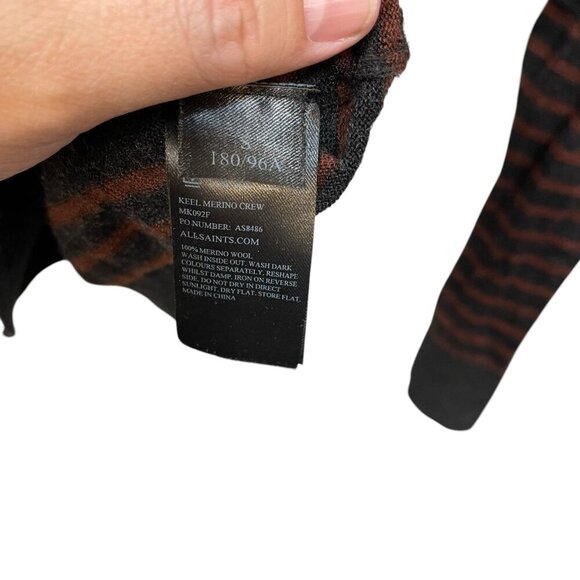 Allsaints Mens Keel Merino Wool Crew Sweater Stripes Size Small Gray Brown - Picture 5 of 9